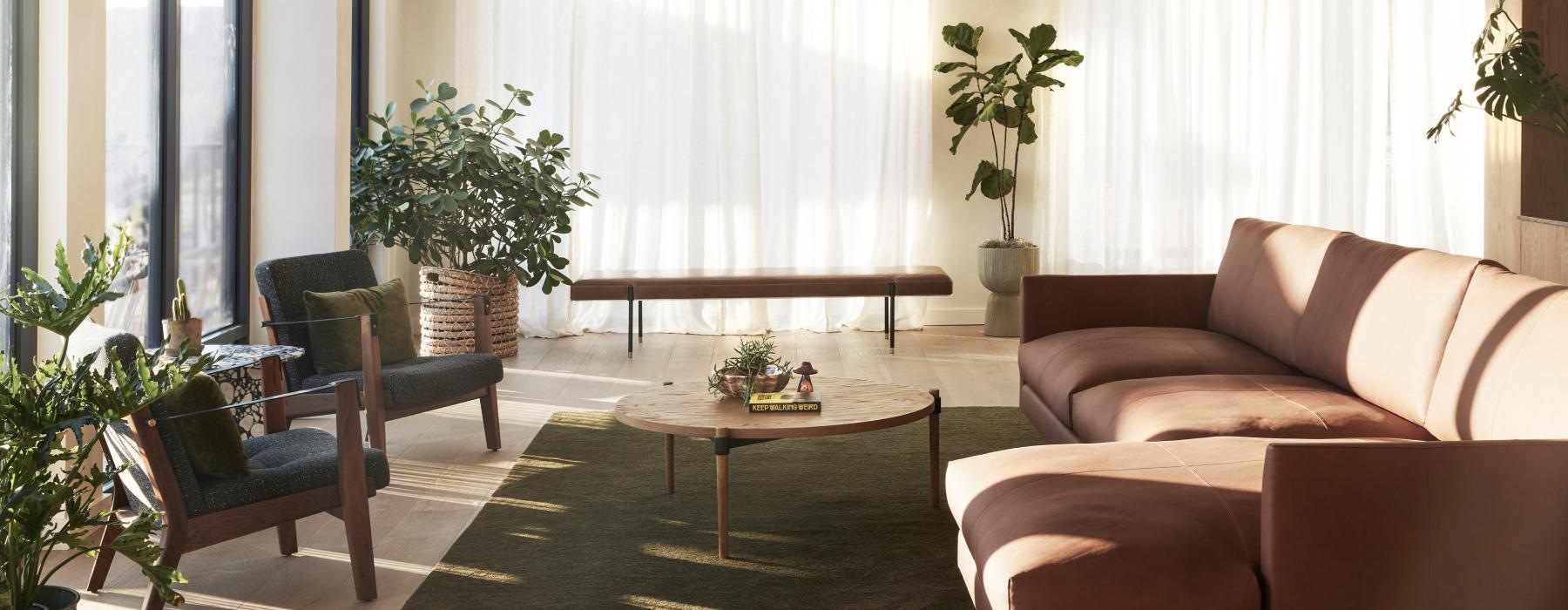 a living room with a green rug