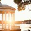 a view of a gazebo on a body of water